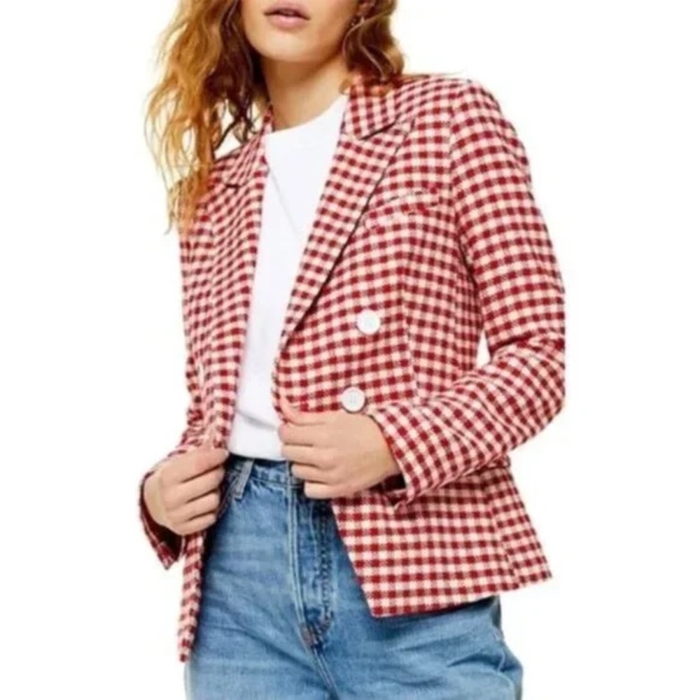 Topshop Red White Gingham Double Breast Blazer Sz US 4 - Picture 2 of 7